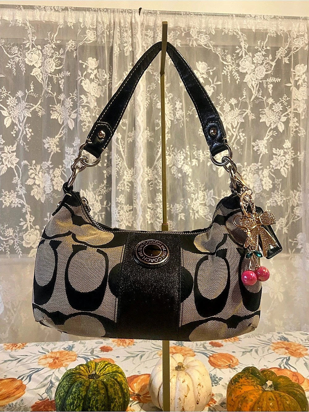 Coach Signature Stripe Hobo Shoulder Bag Black & Gray